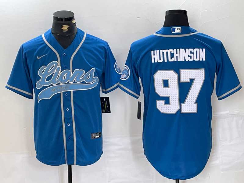 Men%27s Detroit Lions #97 Aidan Hutchinson Blue With Patch Cool Base Stitched Baseball Jersey